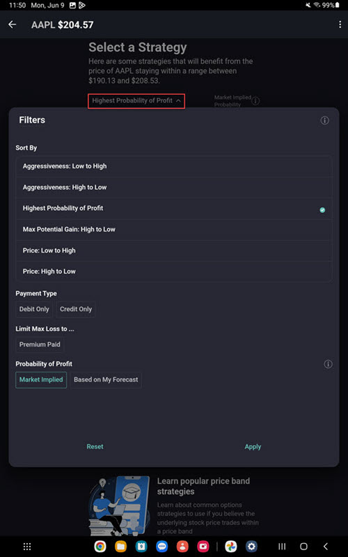 The options wizard filter on the Android Tablet
